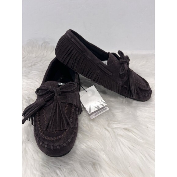 ZARA Woman NWT SS25 Brown Suede Fringe Loafers Shoes Size US 6 EU 36 3507/510 - Picture 7 of 15
